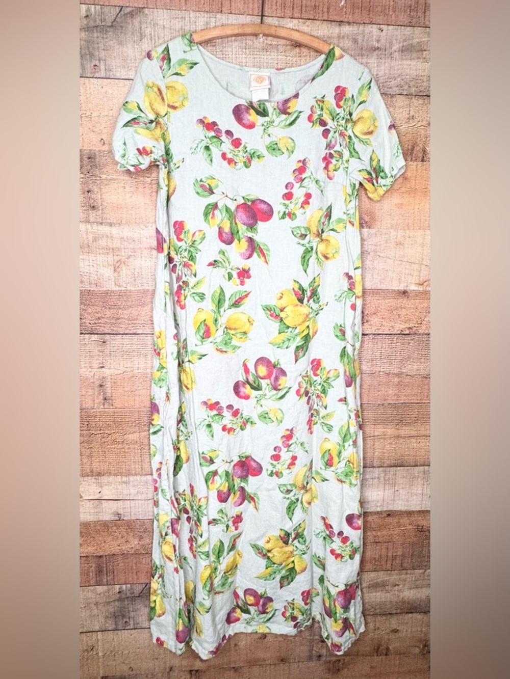 Vtg Tom-tom California Sm 100 Linen Midi Dress Green Fruit Cottagecore Lagenlook